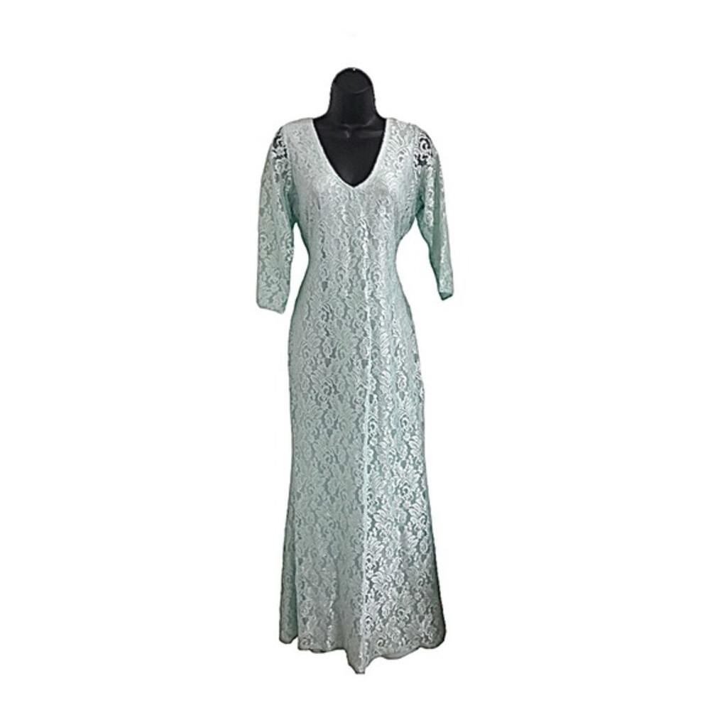 Beautiful lace mint green v-neck elbow sleeve v-back maxi gown dress size 8 new